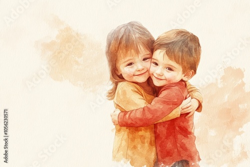 Watercolor painting captures a heartwarming moment as two young children embrace, radiating joy and affection in a tender display of connection