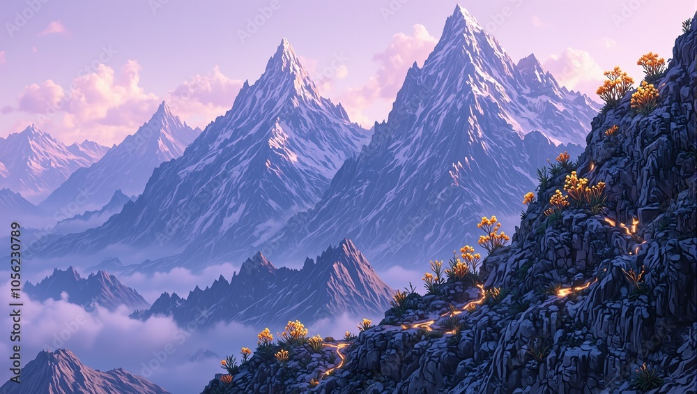 Obraz premium Surreal glass mountains under lavender sky glowing plants light rocky paths