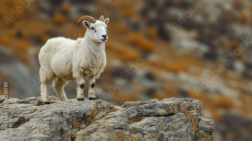 A mountain goat stands on a rocky ledge, surveying its surroundings amidst a stunning autumn landscape, showcasing nature's beauty