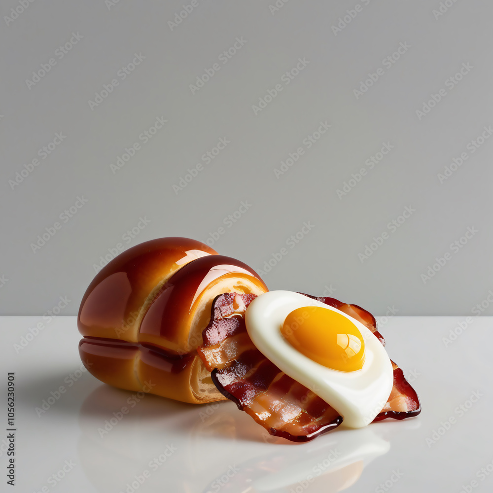 Stunning glass sculpture of a Bacon and Egg Roll, beautifully showcasing the layers and colors of this breakfast classic, generative ai