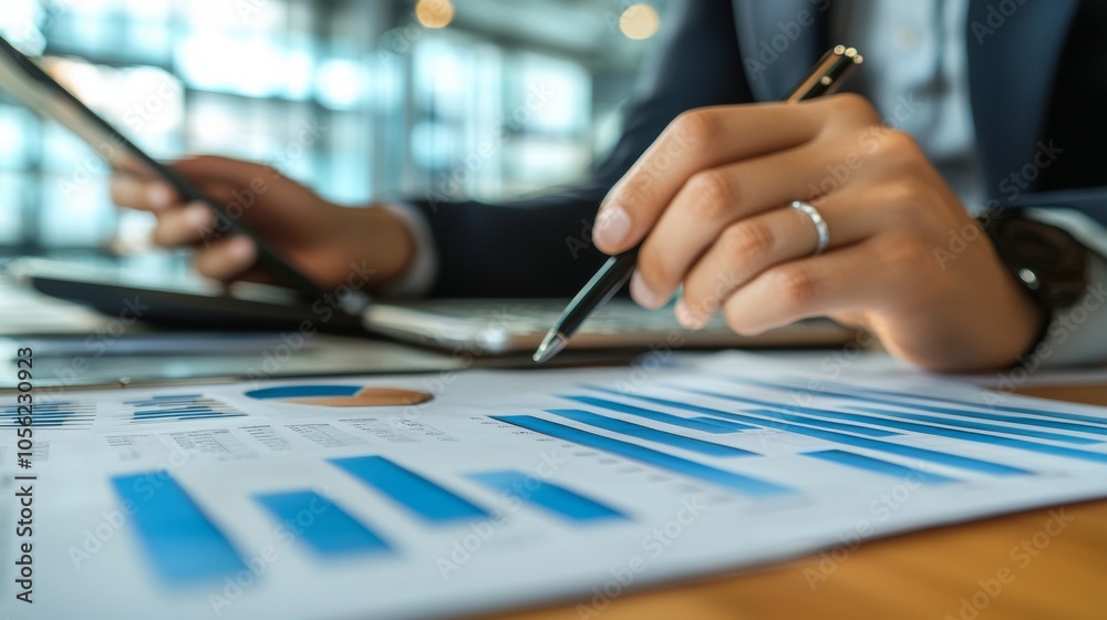 Business professional analyzing financial data on paper Business professional analyzing financial data on paper