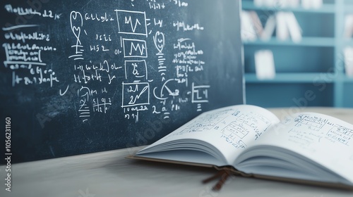 Obraz na płótnie An open book with mathematical equations on a desk beside a chalkboard filled with complex diagrams. Ideal for educational themes. w salonie