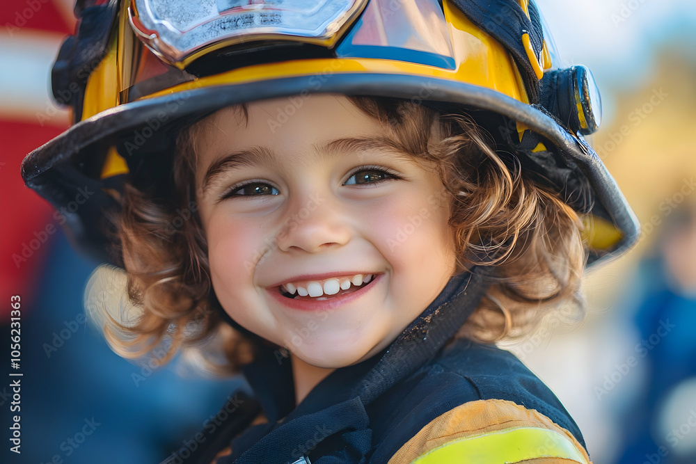 Smiling child in a firefighter uniform radiating happiness. high quality Smiling child in a firefighter uniform radiating happiness. high quality