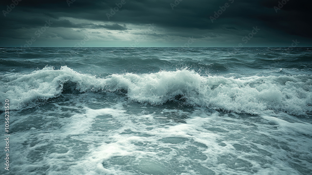 Rough waves surge and crash along the shoreline as ominous clouds gather overhead during the late afternoon hours Rough waves surge and crash along the shoreline as ominous clouds gather overhead during the late afternoon hours