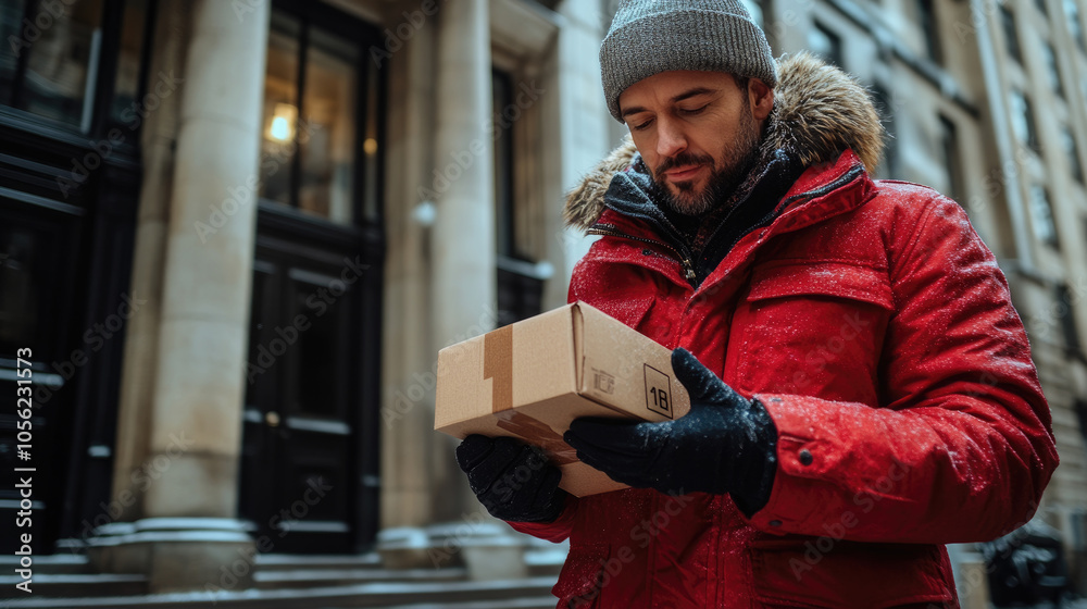 A man dressed warmly in a red coat and beanie inspects a cardboard package while standing outside on a snowy city street in winter A man dressed warmly in a red coat and beanie inspects a cardboard package while standing outside on a snowy city street in winter