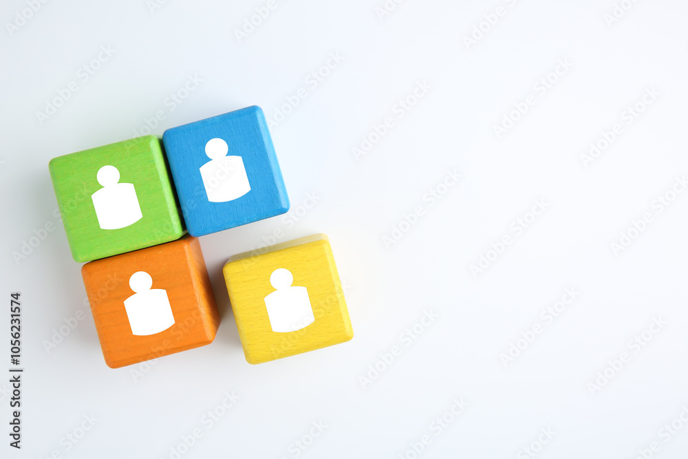 Human resource. Colorful cubes with human icons on white background, top view Human resource. Colorful cubes with human icons on white background, top view