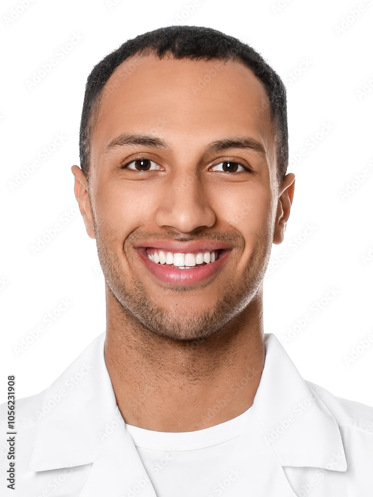 Obraz premium Photo of health worker for ID card or other document. Portrait of man on white background