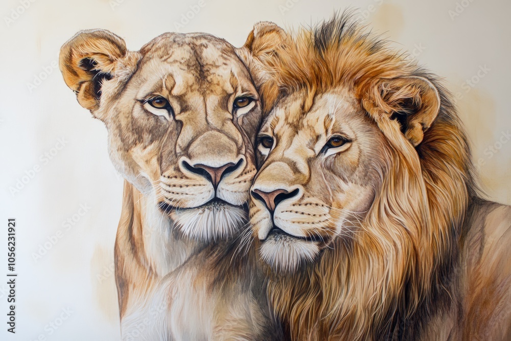 Watercolor painting depicting intimate lion and lioness embracing, capturing wildlife, nature and tenderness, animal art concept Watercolor painting depicting intimate lion and lioness embracing, capturing wildlife, nature and tenderness, animal art concept