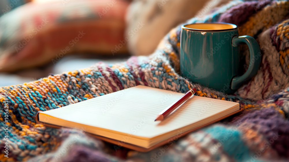 Fototapeta premium Notebook, pencil, and coffee mug on desk, cozy workspace