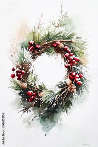 Festive Christmas wreath with pine branches, bright red berries, cones, watercolor style, holiday decoration, winter, traditional art, Christmas concept