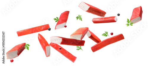 Canvas-taulu Crab stick pieces, parsley and mix of peppers in air on white background