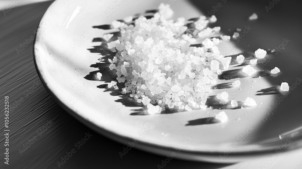 Close-up of Coarse Sea Salt Crystals on Plate in Black and White Close-up of Coarse Sea Salt Crystals on Plate in Black and White