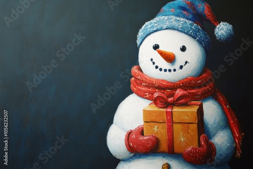 Snowman with Gift Box, Artistic Winter Illustration, Joyful Christmas Decor, Festive Snow Doll, Cheerful Winter Scene Concept photo