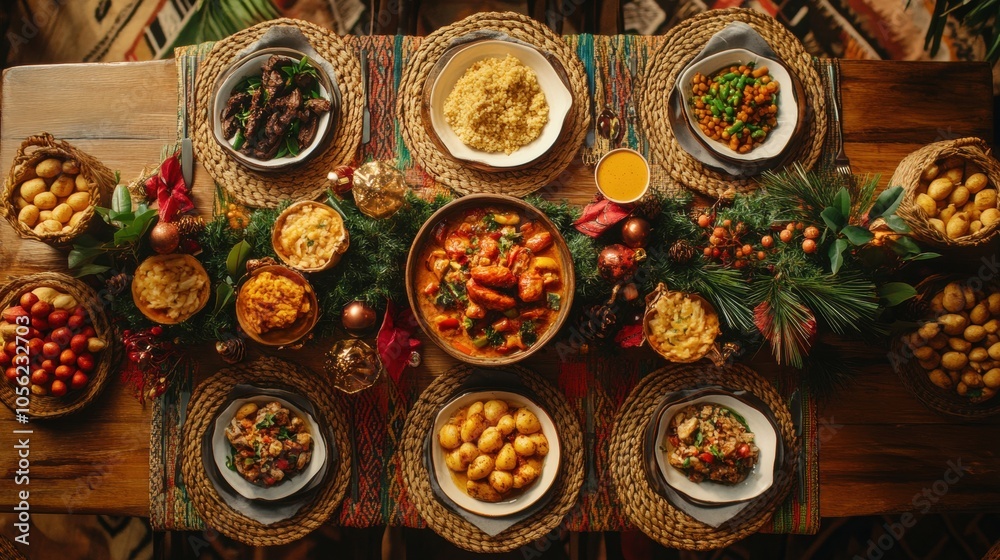 Christmas table setting featuring traditional african dishes and festive decorations Christmas table setting featuring traditional african dishes and festive decorations