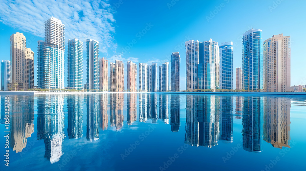 Tall buildings reflecting in a pool under a clear blue sky. high quality Tall buildings reflecting in a pool under a clear blue sky. high quality