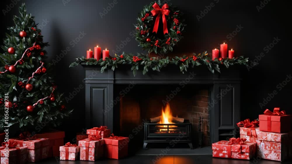 A fireplace arranged with Christmas bright decoration, Christmas tree and red gifts. Cozy black interior with atmosphere of Christmas holidays. Video with zoom effect
