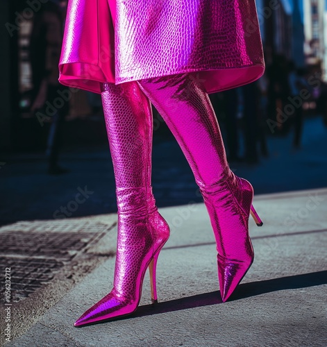 Glossy pink thigh-high boots catching light in city streets, showcasing a stunning and dynamic fashion moment. photo