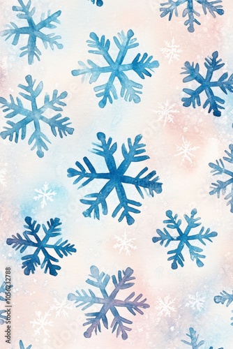 Snowflakes Pattern, Watercolor Illustration of Blue and White Snowflakes on Gradient Background, Winter Holiday Theme, Christmas Design