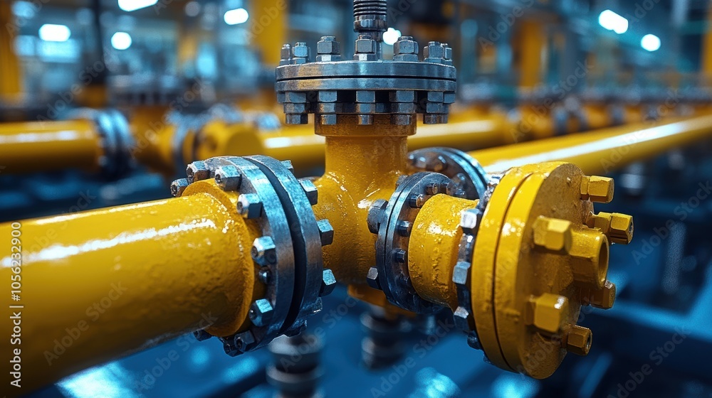 Obraz premium Industrial yellow metal pipeline system with bolts and valves in factory, close-up of mechanical components, engineering technology, infrastructure maintenance, gas pipes, machinery details, factory