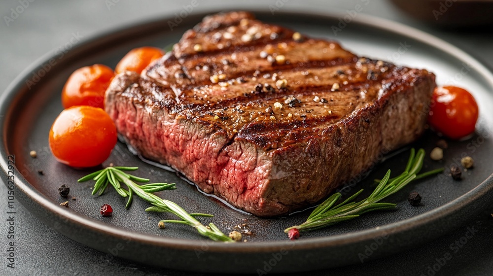 Juicy grilled steak on a dark plate with cherry tomatoes and herbs elegantly garnished with pepper. Juicy grilled steak on a dark plate with cherry tomatoes and herbs elegantly garnished with pepper.