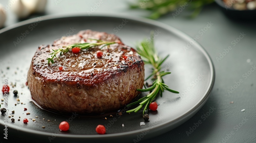 Classic grilled steak garnished with rosemary, a culinary classic served on an elegant modern plate Classic grilled steak garnished with rosemary, a culinary classic served on an elegant modern plate
