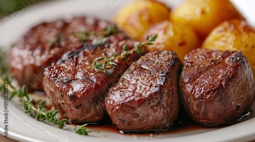 Juicy grilled meat medallions with baby potatoes on a plate, garnished with fresh thyme sprigs.