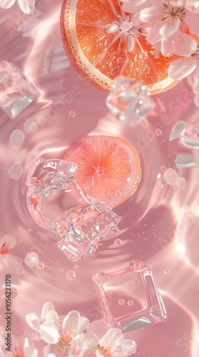 A grapefruit slice swirls amidst shimmering pink water, adorned with floating ice cubes and delicate flowers.