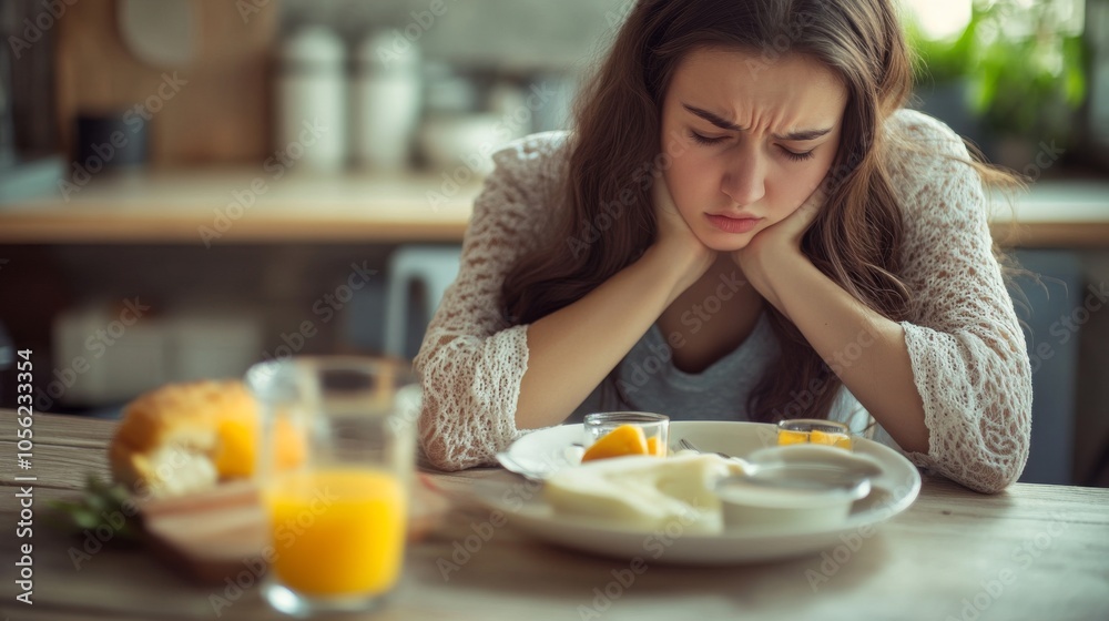 Sad Woman Sitting at a Table with Unfinished Breakfast. Depressed Young Woman Experiencing Loneliness and Loss of Appetite Sad Woman Sitting at a Table with Unfinished Breakfast. Depressed Young Woman Experiencing Loneliness and Loss of Appetite
