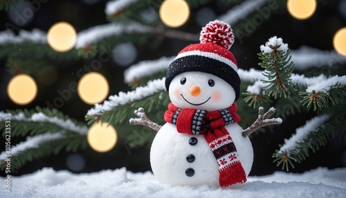 Snowman with red hat and scarf stands against a backdrop of Christmas tree branches