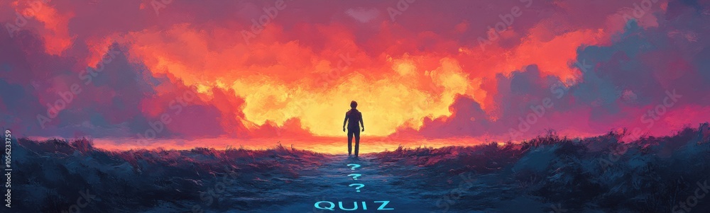 Painting of a man standing on a path in front of a sunset, text quiz Painting of a man standing on a path in front of a sunset, text quiz
