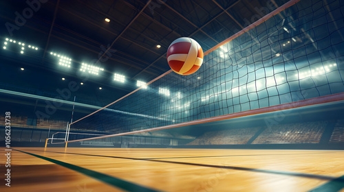 Volleyball court and net with a ball flying through the air, illustrating a lively match. high quality