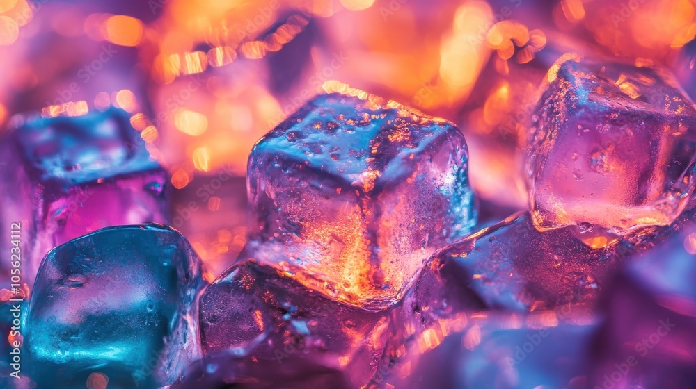 Abstract close-up of ice cubes in a glass, with light refracting through them, creating a beautiful play of colors and shadows. Abstract close-up of ice cubes in a glass, with light refracting through them, creating a beautiful play of colors and shadows.