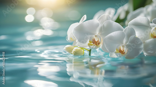 White orchid flowers floating in water, creating a spa-like scene. high quality