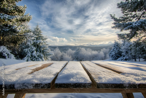 Wide-angle view from a wooden table overlooking snow-covered scenery. high quality