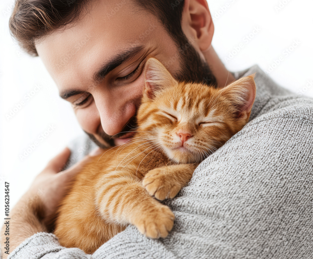 Man hugging a contented ginger cat, showing affection and love, close-up of happy pet cat enjoying human embrace, cozy and tender moment between a man and his feline friend Man hugging a contented ginger cat, showing affection and love, close-up of happy pet cat enjoying human embrace, cozy and tender moment between a man and his feline friend