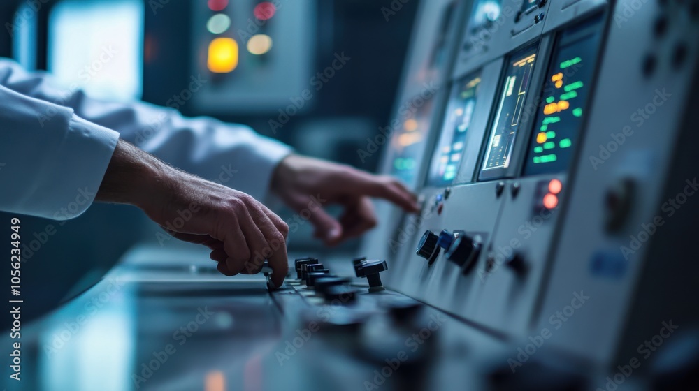 A close-up of an engineer's hands calibrating control systems A close-up of an engineer's hands calibrating control systems