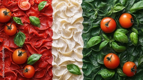 Artistic representation of the Italian flag intertwined with fresh ingredients like tomatoes, basil, and pasta, celebrating culinary traditions.