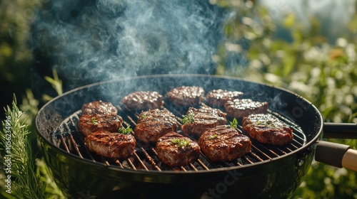 Charcoal grill sizzling with juicy steaks, smoke rising into clear blue sky, surrounded by fresh herbs and grilling utensils. photo