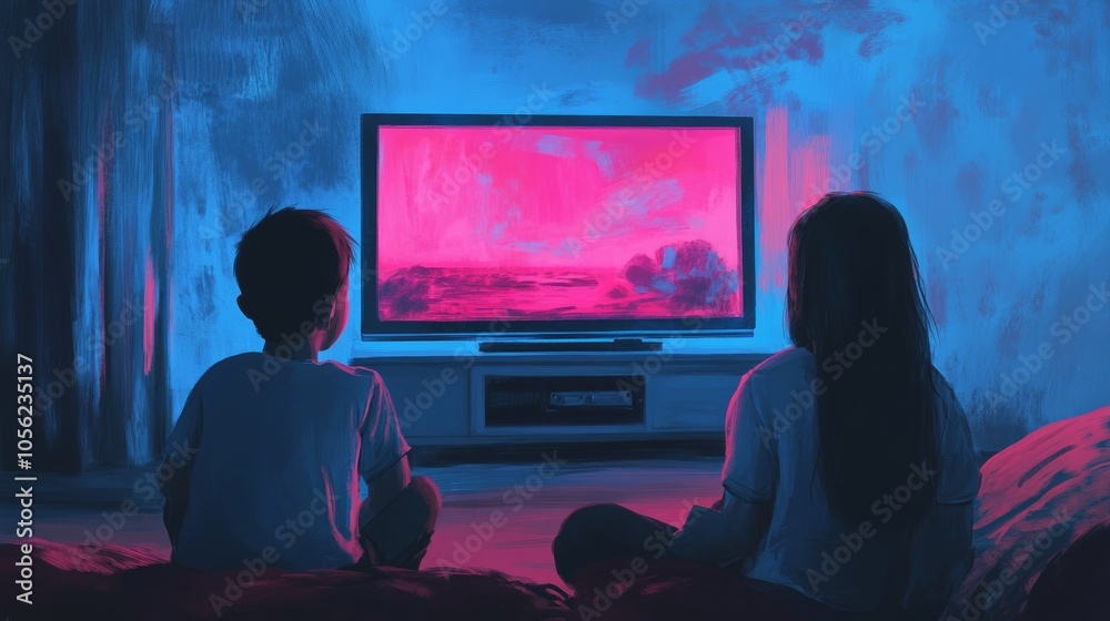 Sky blue and bubblegum pink siblings enjoying a fun vacation day watching tv at home Sky blue and bubblegum pink siblings enjoying a fun vacation day watching tv at home