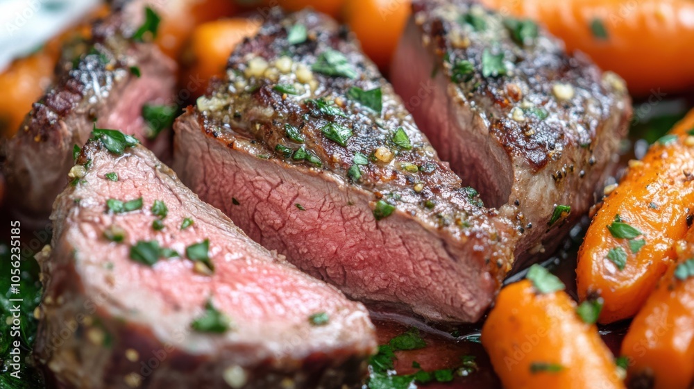 A close-up of lamb steak with a golden-brown crust, paired with garlic butter A close-up of lamb steak with a golden-brown crust, paired with garlic butter