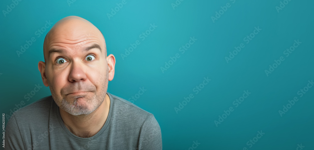Bald man with funny uncertain face expression, looking into camera, studio photo copy space on side. Generative AI