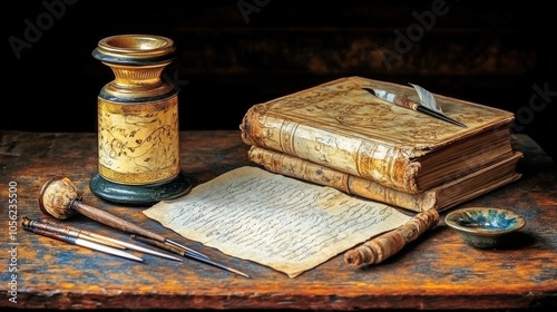 Charming scene of an antique inkwell on a wooden desk, surrounded by quills and parchment, evoking a sense of nostalgia and creativity. photo