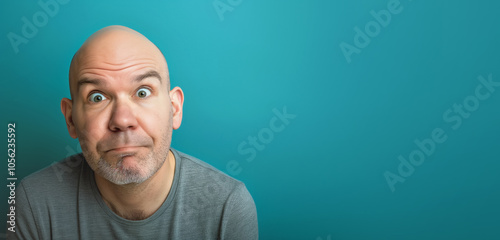 Obraz na płótnie Bald man with funny uncertain face expression, looking into camera, studio photo copy space on side. Generative AI w salonie