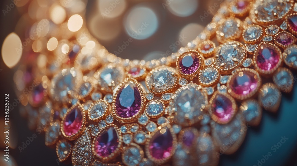 Close-up of an elegant necklace adorned with sparkling gemstones, capturing intricate details and reflections in soft lighting.