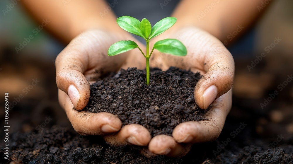 Close-up of hands holding a small plant sprouting from soil, symbolizing growth and environmental consciousness. Close-up of hands holding a small plant sprouting from soil, symbolizing growth and environmental consciousness.