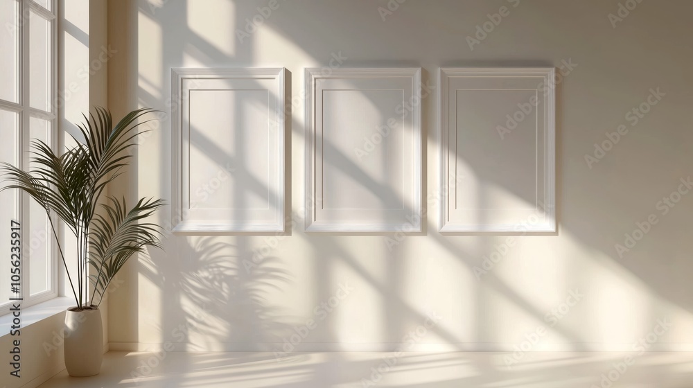 Obraz premium Three empty frames on a bright wall with a potted plant in sunlight