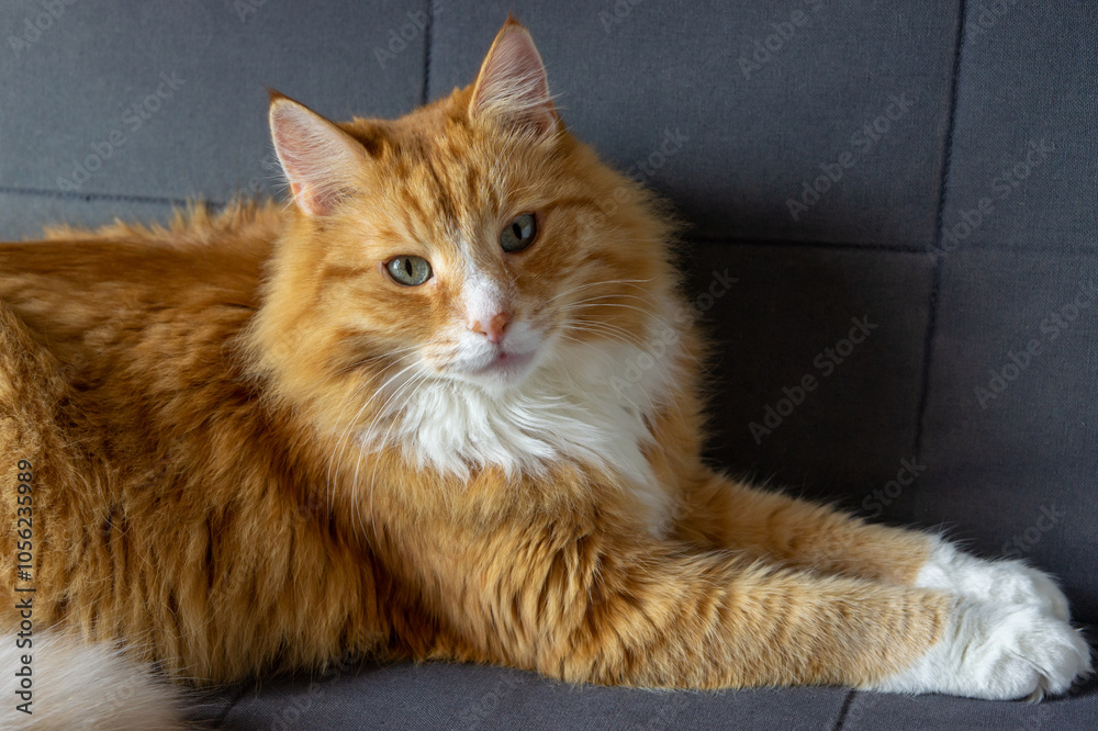 Red cat on the couch. Homemade fluffy cat lying down. Red cat on the couch. Homemade fluffy cat lying down.