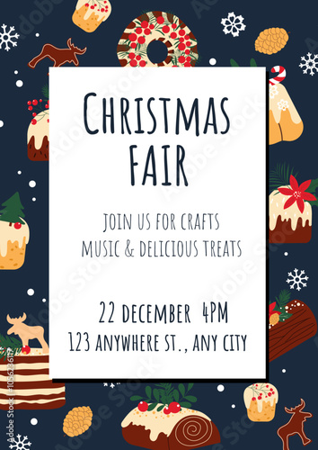 Hand drawn poster design for Christmas fair. Vector flyer editable template with cakes and sweets on blue background.