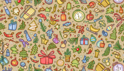 Abstract texture with Christmas elements and symbols in doodles style on wrapping paper style, wallpaper