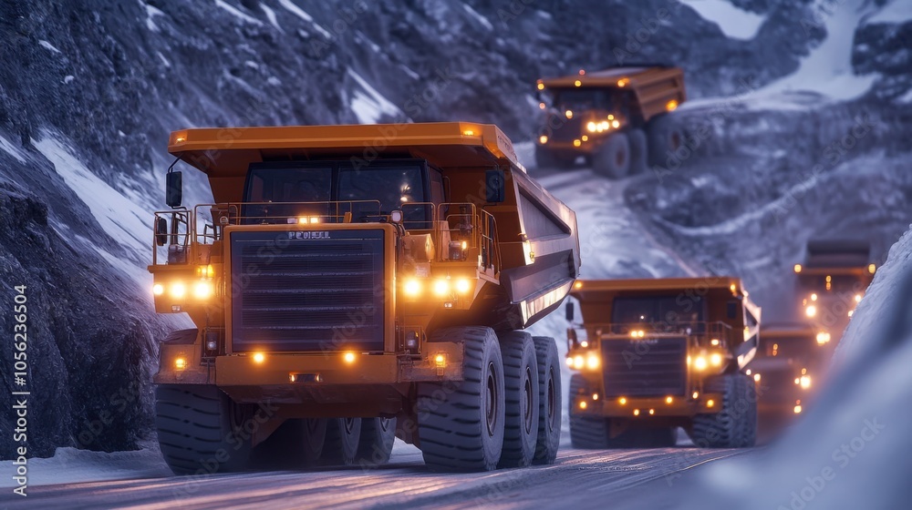 A fleet of autonomous trucks transporting minerals in a highly automated A fleet of autonomous trucks transporting minerals in a highly automated